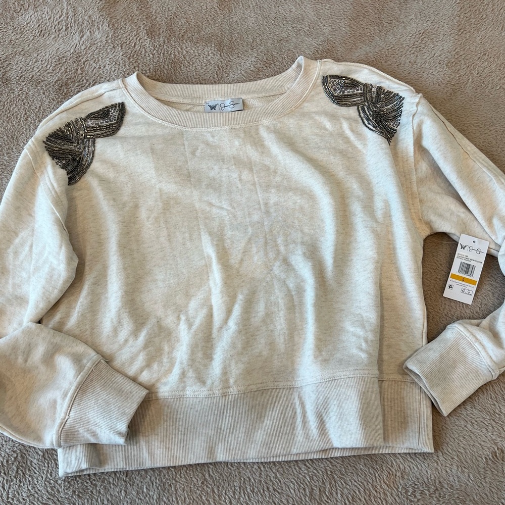 Jessica Simpson Cream Crewneck Sweatshirt with Beaded Accent